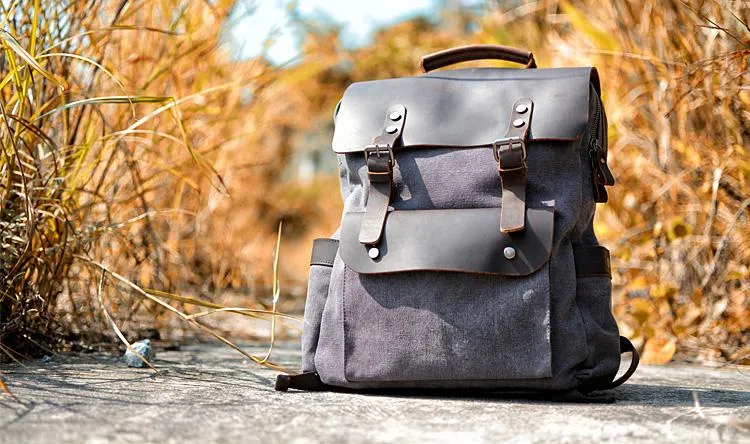 Cool Canvas Leather Mens 15'' College Gray Computer Backpack Travel Backpack for Men
