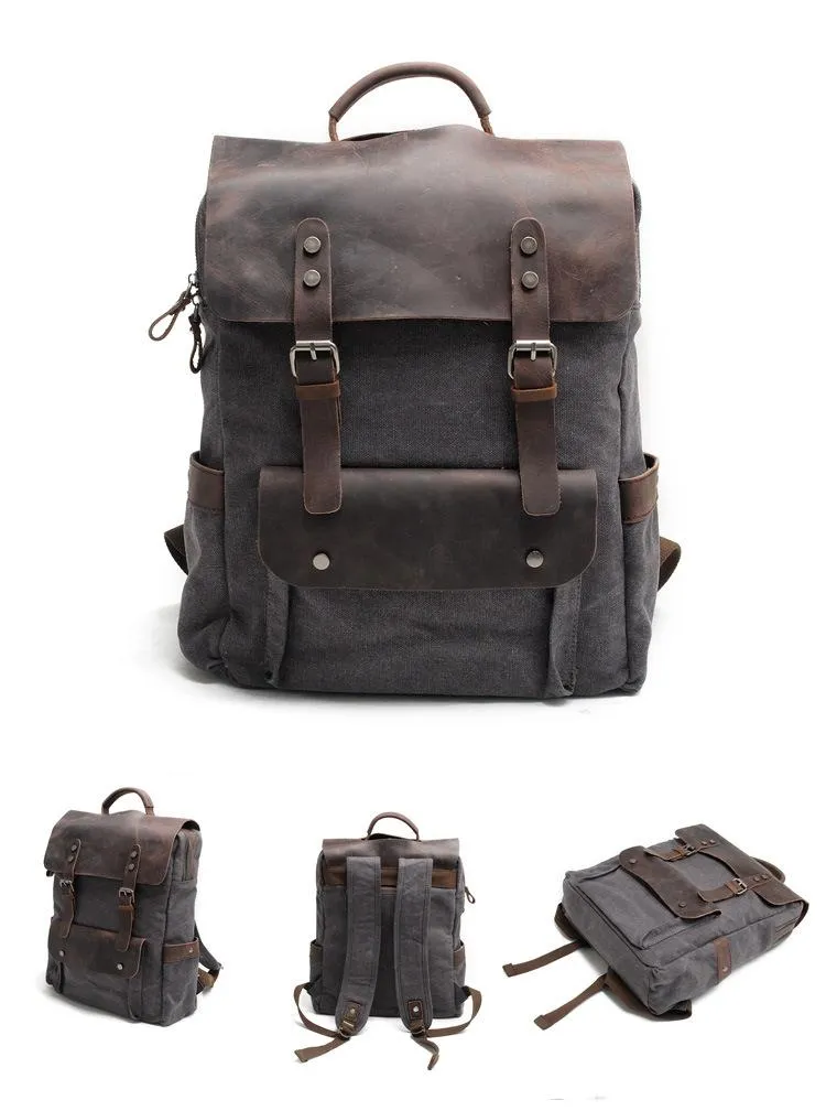 Cool Canvas Leather Mens 15'' College Gray Computer Backpack Travel Backpack for Men