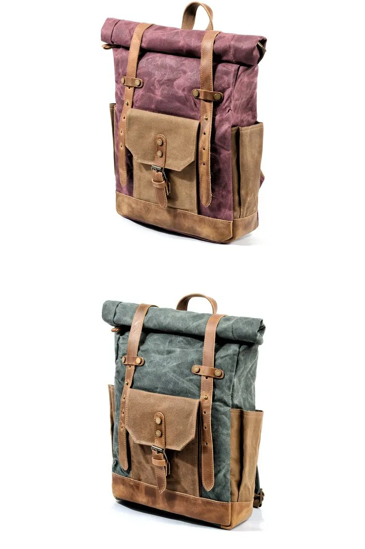 Cool Canvas Leather Mens Green Large Waterproof Travel Backpack Computer Hiking Backpack for Men
