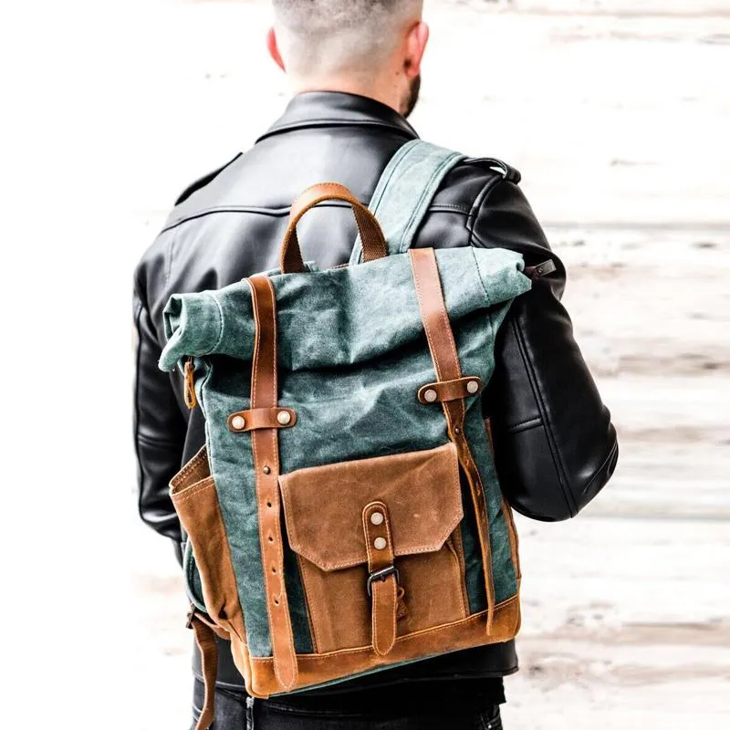 Cool Canvas Leather Mens Green Large Waterproof Travel Backpack Computer Hiking Backpack for Men