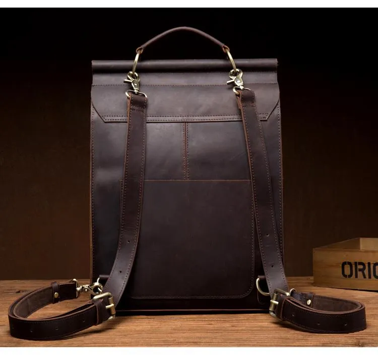 Cool Coffee Mens Leather 13inch Computer Backpack Fashion School Backpacks Satchel Backpack for men