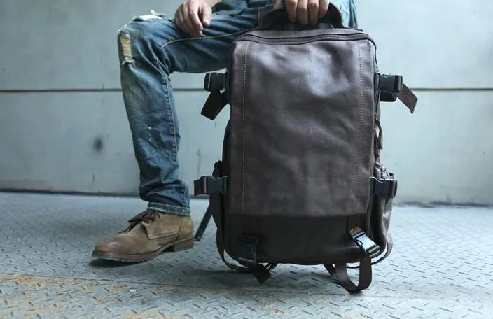 Cool Coffee Mens Leather Backpack Travel Backpacks Laptop Backpack for men