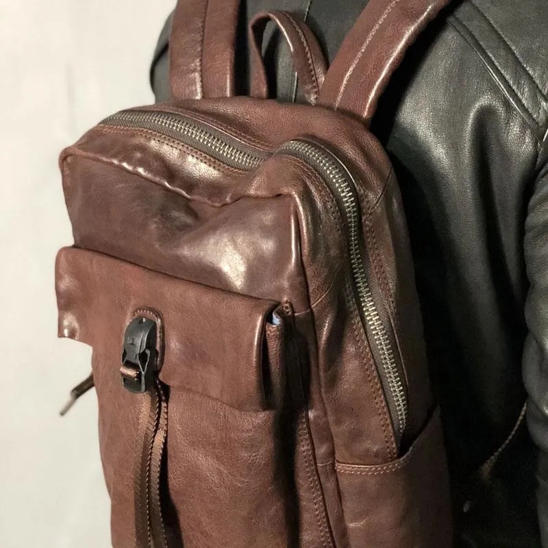 Cool Genuine Leather Mens Backpacks Large Coffee Travel Backpack Hiking Backpack for men