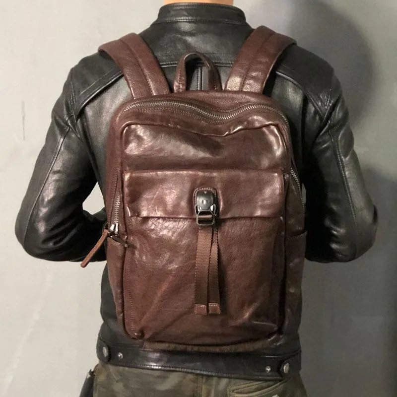 Cool Genuine Leather Mens Backpacks Large Coffee Travel Backpack Hiking Backpack for men
