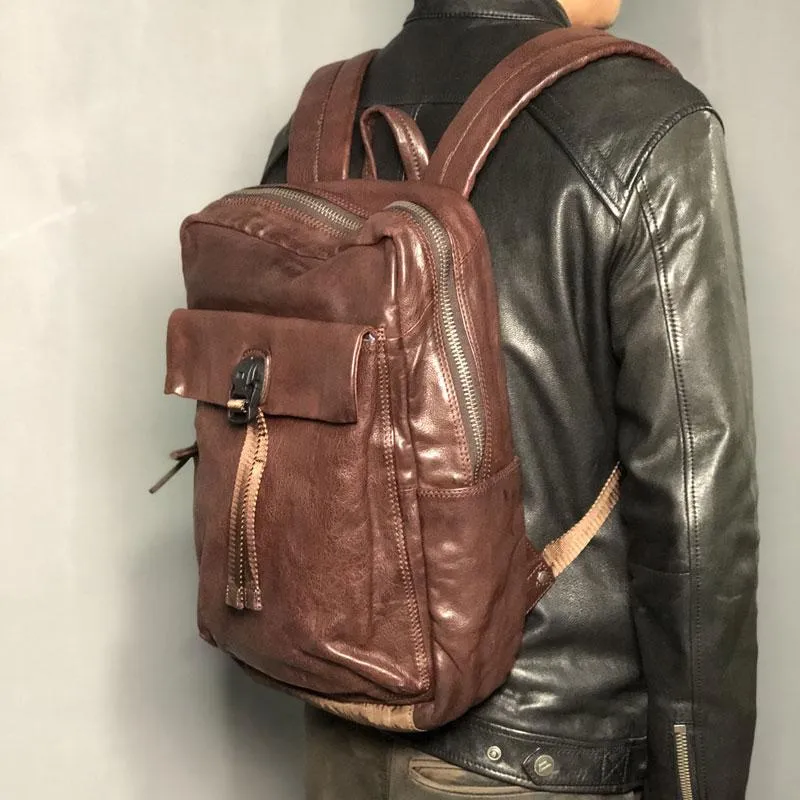 Cool Genuine Leather Mens Backpacks Large Coffee Travel Backpack Hiking Backpack for men