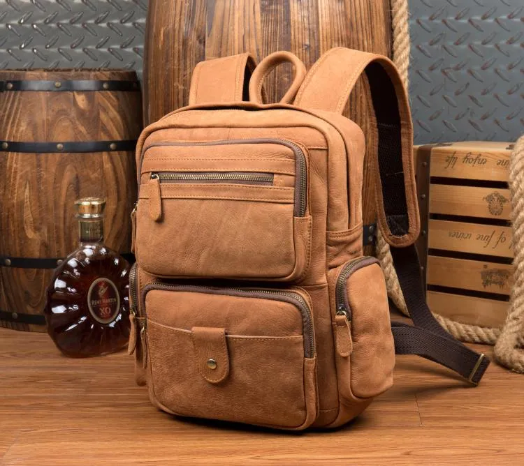 Cool Khaki Mens Leather 13inches Computer Backpack Camel Travel Backpack School Backpack for men