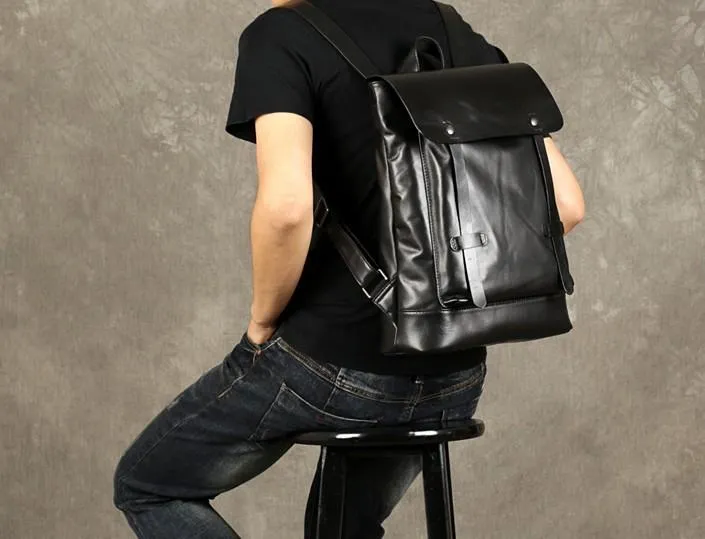 Cool Large Leather Mens Backpack Black Travel Backpack Hiking Backpacks for men
