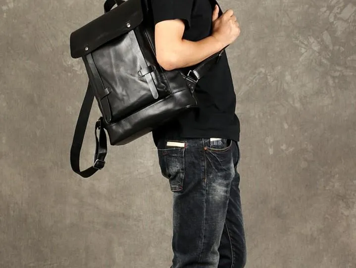 Cool Large Leather Mens Backpack Black Travel Backpack Hiking Backpacks for men