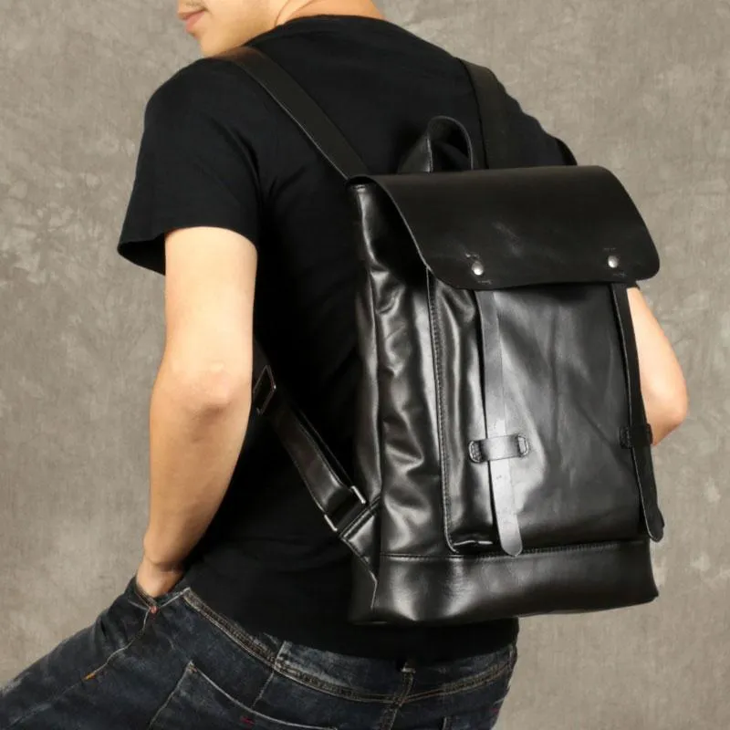 Cool Large Leather Mens Backpack Black Travel Backpack Hiking Backpacks for men