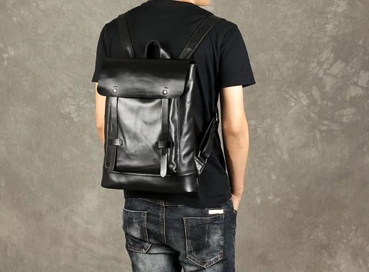 Cool Large Leather Mens Backpack Black Travel Backpack Hiking Backpacks for men