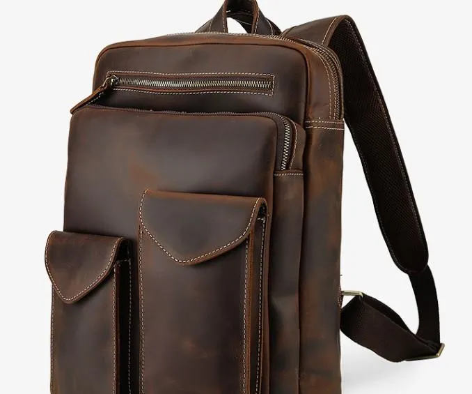 Cool Leather Dark Brown Mens Laptop Backpacks Vintage School Backpack Backpack Bag for Men