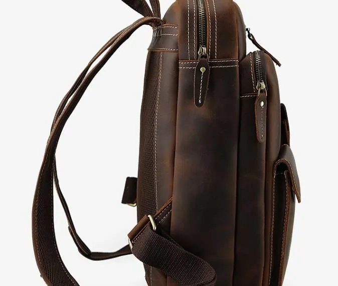 Cool Leather Dark Brown Mens Laptop Backpacks Vintage School Backpack Backpack Bag for Men