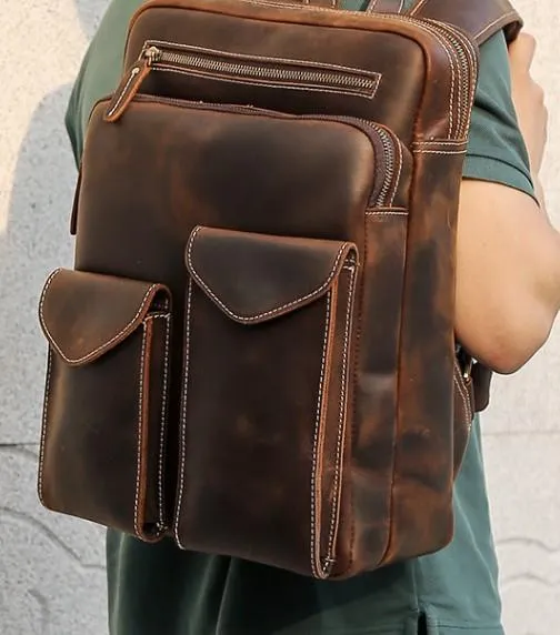 Cool Leather Dark Brown Mens Laptop Backpacks Vintage School Backpack Backpack Bag for Men