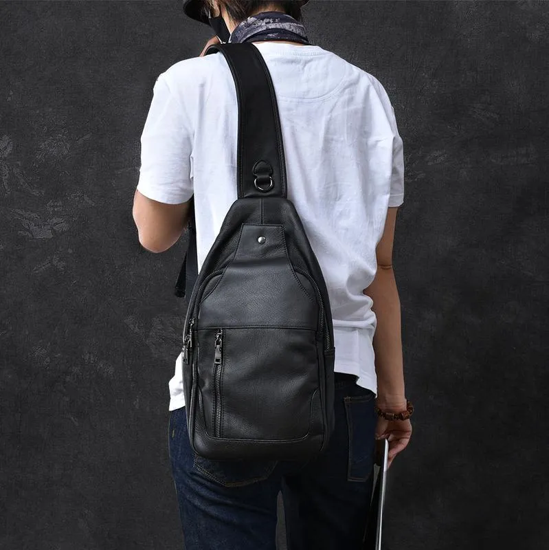 Cool Leather Mens 10" Black Sling Bag Chest Bag One Shoulder Backpack for Men