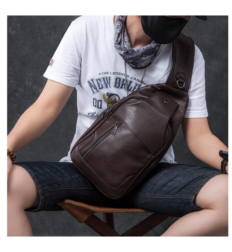 Cool Leather Mens 10" Black Sling Bag Chest Bag One Shoulder Backpack for Men