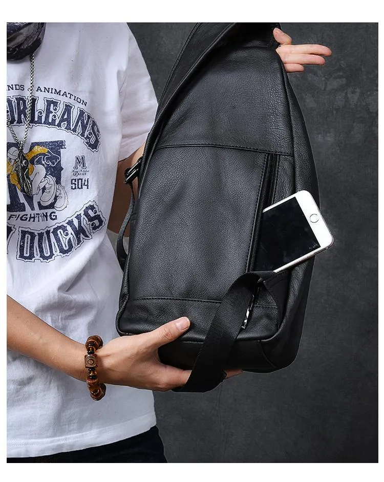 Cool Leather Mens 10" Black Sling Bag Chest Bag One Shoulder Backpack for Men