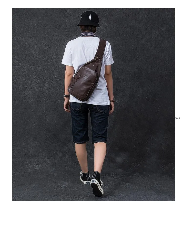 Cool Leather Mens 10" Black Sling Bag Chest Bag One Shoulder Backpack for Men