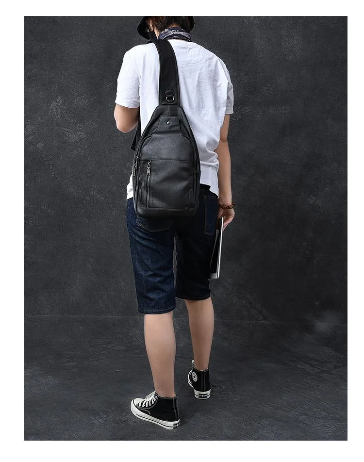 Cool Leather Mens 10" Black Sling Bag Chest Bag One Shoulder Backpack for Men