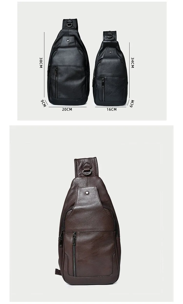 Cool Leather Mens 10" Black Sling Bag Chest Bag One Shoulder Backpack for Men