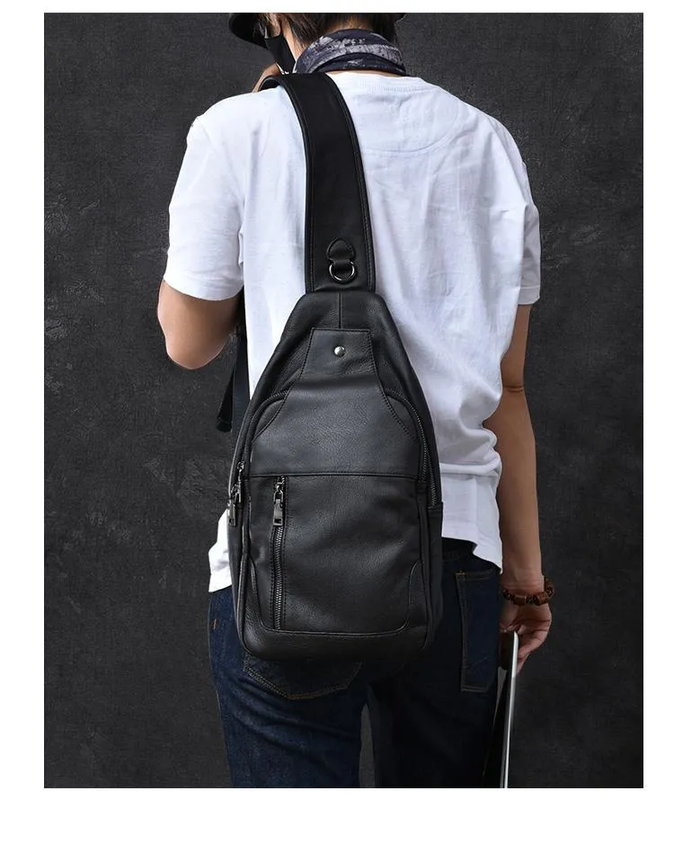 Cool Leather Mens 10" Black Sling Bag Chest Bag One Shoulder Backpack for Men