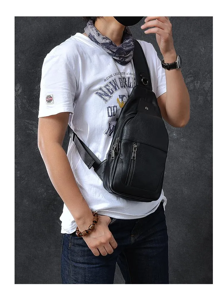 Cool Leather Mens 10" Black Sling Bag Chest Bag One Shoulder Backpack for Men