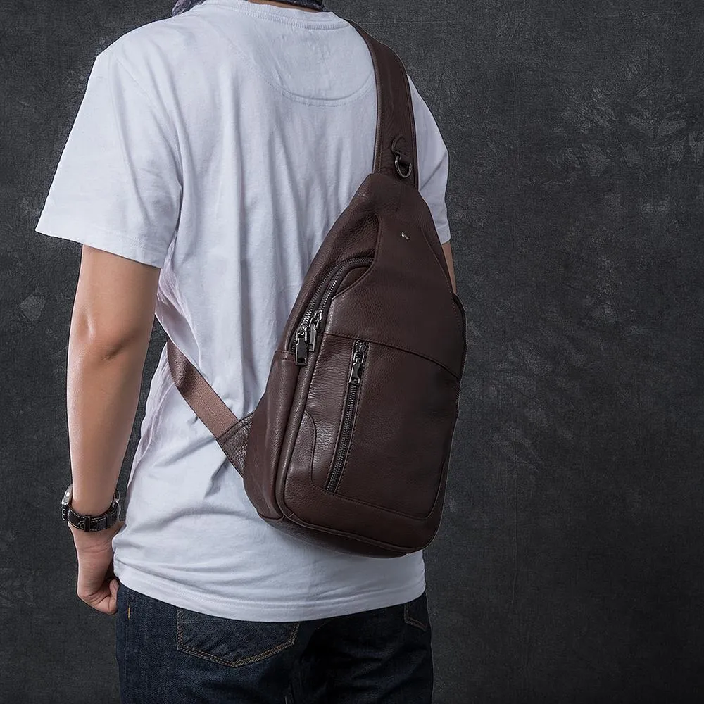 Cool Leather Mens 10" Black Sling Bag Chest Bag One Shoulder Backpack for Men