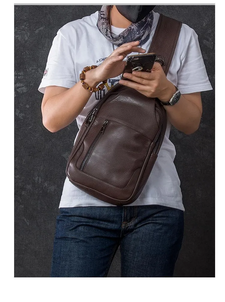 Cool Leather Mens 10" Black Sling Bag Chest Bag One Shoulder Backpack for Men