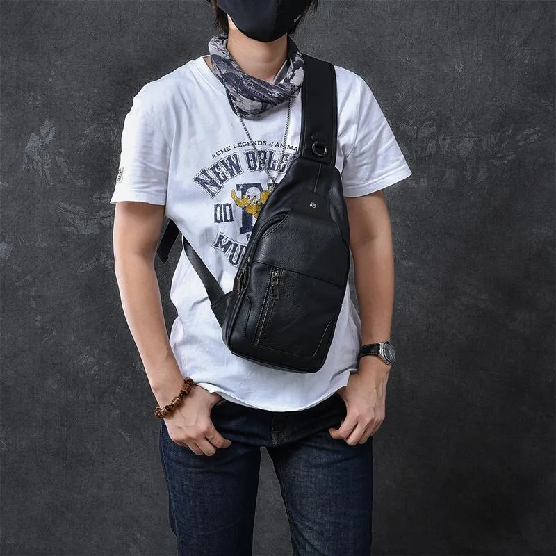 Cool Leather Mens 10" Black Sling Bag Chest Bag One Shoulder Backpack for Men