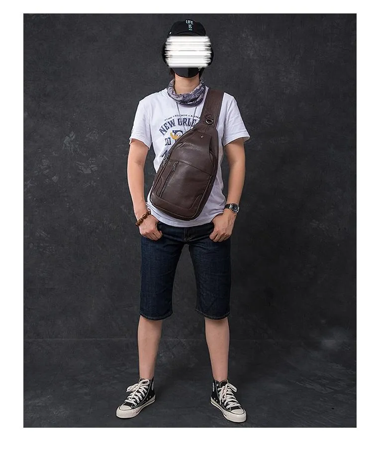 Cool Leather Mens 10" Black Sling Bag Chest Bag One Shoulder Backpack for Men