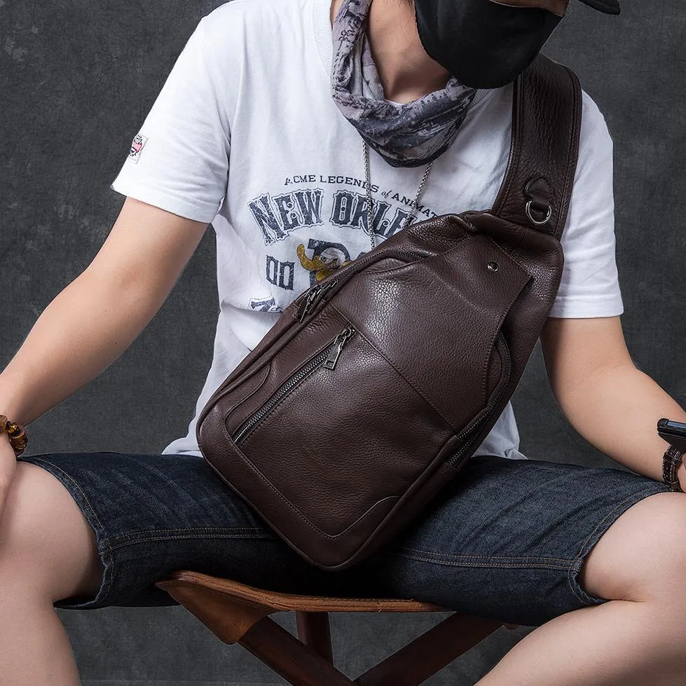Cool Leather Mens 10" Black Sling Bag Chest Bag One Shoulder Backpack for Men