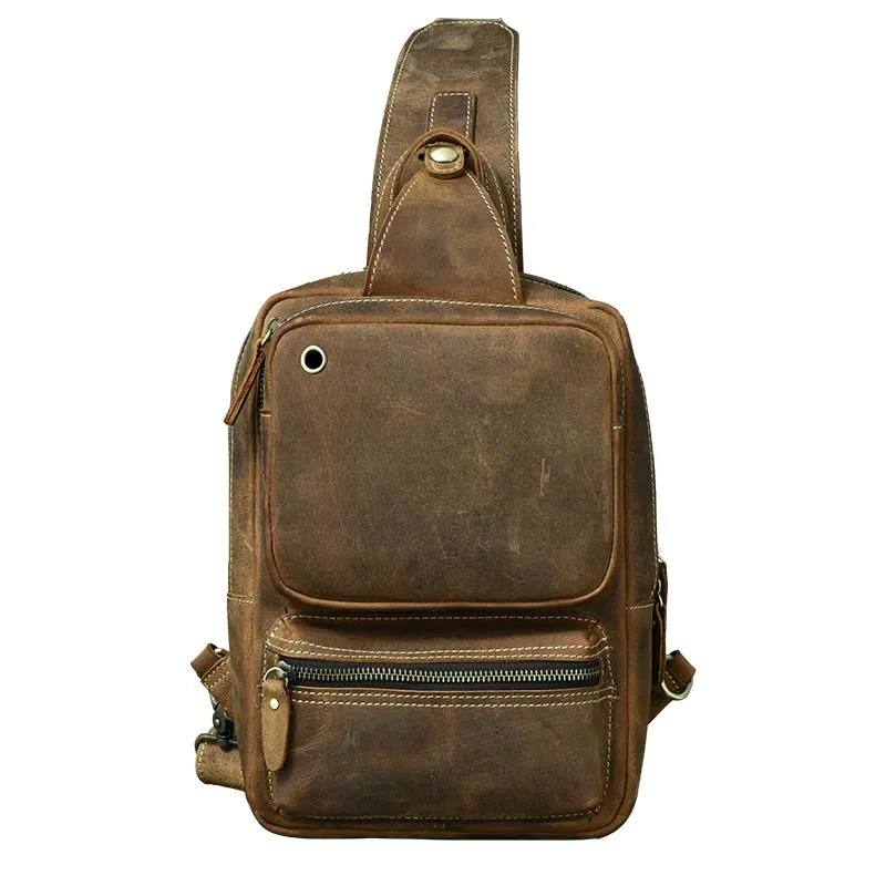 Cool Leather Mens 10" Brown Sling Bag Chest Bag Dark Coffee One Shoulder Backpack for Men