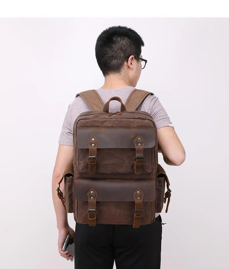 Cool Leather Mens 14 inches Brown Backpack Large Cool Vintage Large Travel Backpack for Men