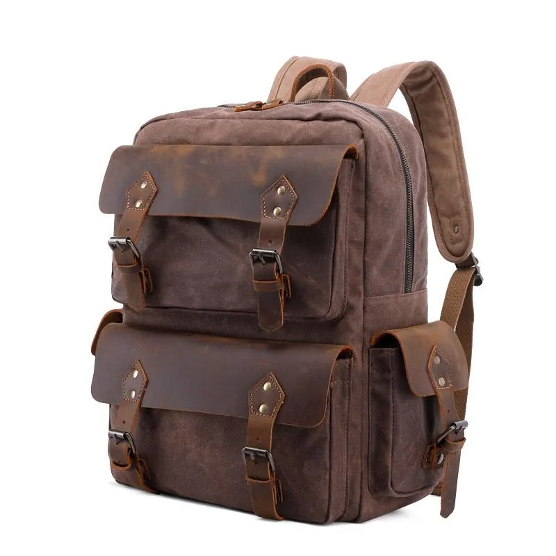 Cool Leather Mens 14 inches Brown Backpack Large Cool Vintage Large Travel Backpack for Men