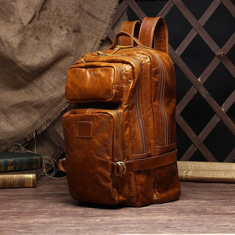 Cool Leather Mens 15 inches Computer Backpack Travel Backpacks Brown Weekender Bag Travel Bag for Men