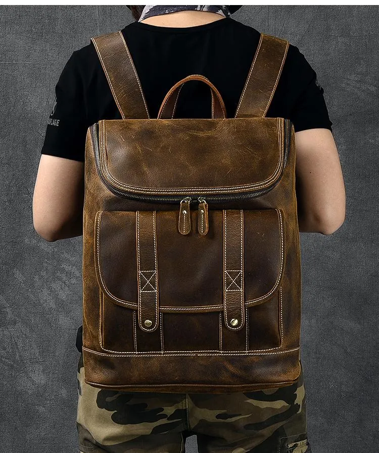 Cool Leather Mens 15" Retro Brown Hiking Backpack Travel Backpack Computer Backpack for Men