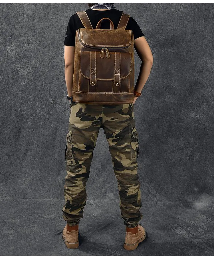 Cool Leather Mens 15" Retro Brown Hiking Backpack Travel Backpack Computer Backpack for Men