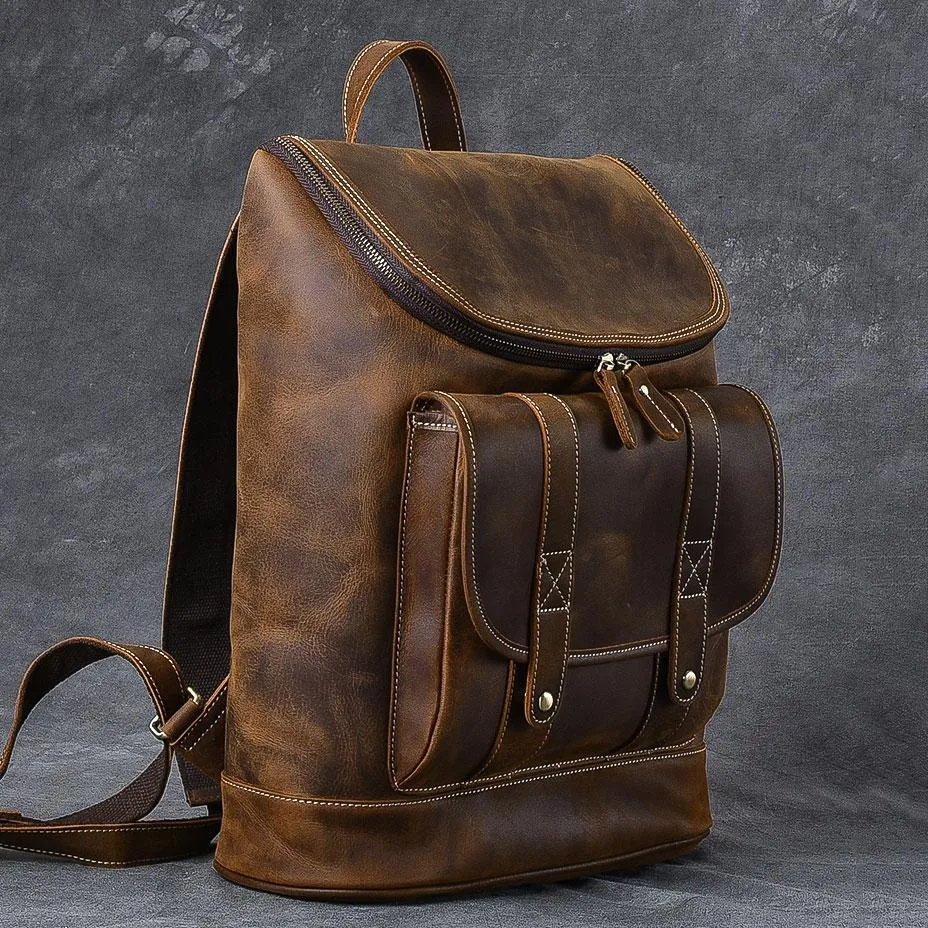 Cool Leather Mens 15" Retro Brown Hiking Backpack Travel Backpack Computer Backpack for Men