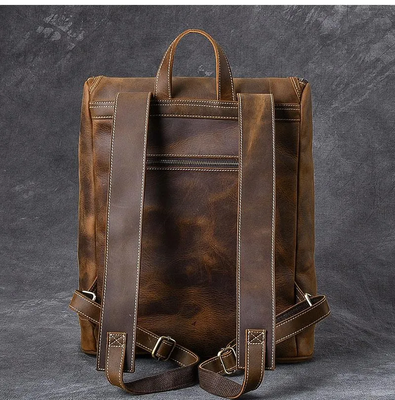 Cool Leather Mens 15" Retro Brown Hiking Backpack Travel Backpack Computer Backpack for Men
