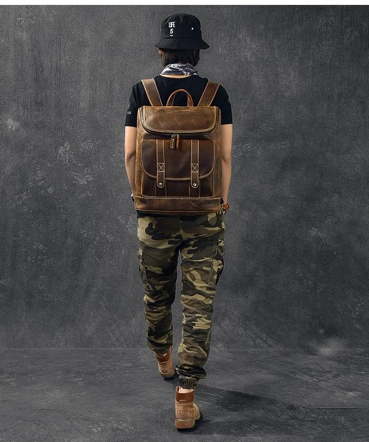 Cool Leather Mens 15" Retro Brown Hiking Backpack Travel Backpack Computer Backpack for Men