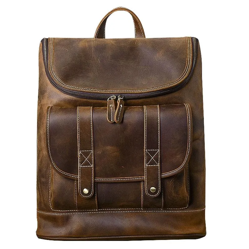 Cool Leather Mens 15" Retro Brown Hiking Backpack Travel Backpack Computer Backpack for Men