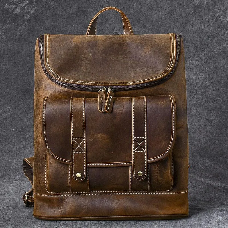 Cool Leather Mens 15" Retro Brown Hiking Backpack Travel Backpack Computer Backpack for Men