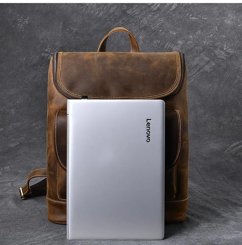 Cool Leather Mens 15" Retro Brown Hiking Backpack Travel Backpack Computer Backpack for Men