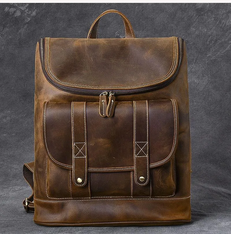 Cool Leather Mens 15" Retro Brown Hiking Backpack Travel Backpack Computer Backpack for Men