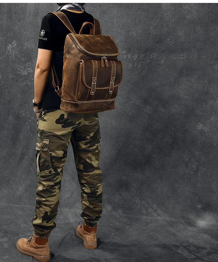 Cool Leather Mens 15" Retro Brown Hiking Backpack Travel Backpack Computer Backpack for Men