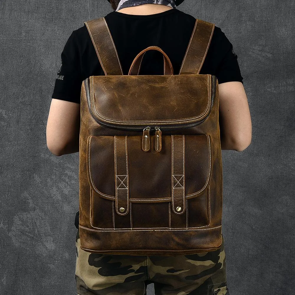 Cool Leather Mens 15" Retro Brown Hiking Backpack Travel Backpack Computer Backpack for Men