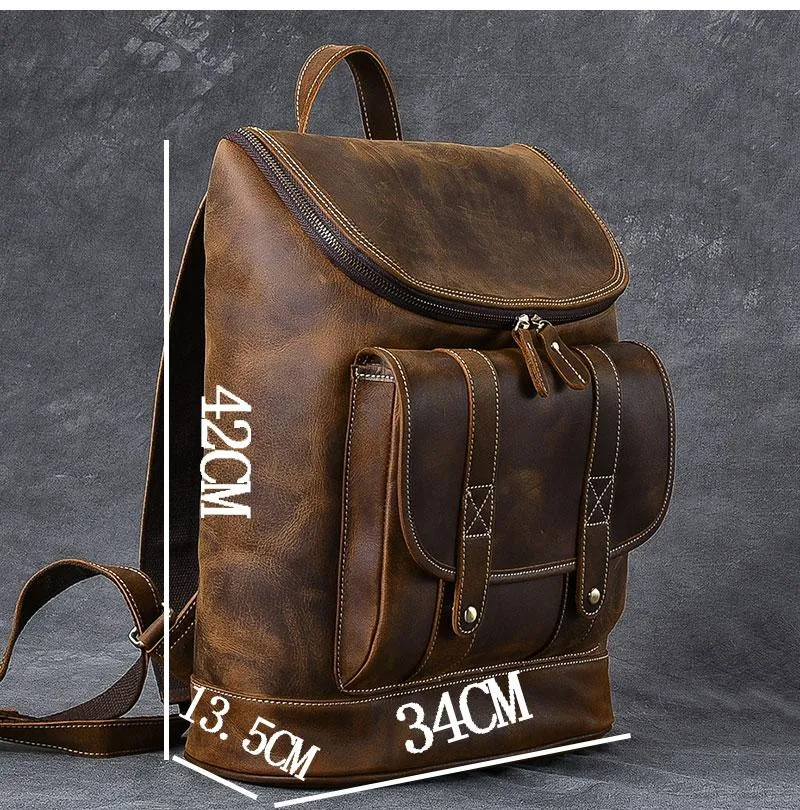 Cool Leather Mens 15" Retro Brown Hiking Backpack Travel Backpack Computer Backpack for Men