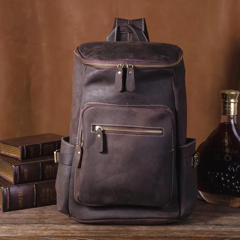 Cool Leather Mens Backpack Large Barrel Coffee Travel Backpacks Hiking Backpack for men