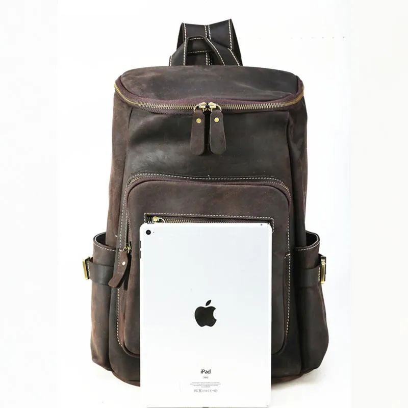 Cool Leather Mens Backpack Large Barrel Coffee Travel Backpacks Hiking Backpack for men
