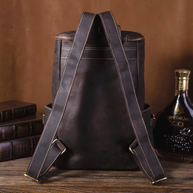 Cool Leather Mens Backpack Large Barrel Coffee Travel Backpacks Hiking Backpack for men