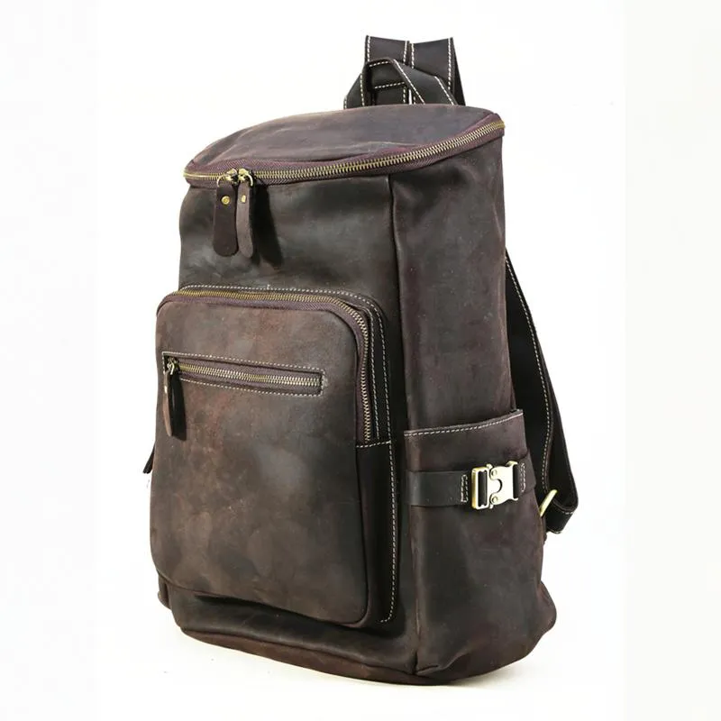 Cool Leather Mens Backpack Large Barrel Coffee Travel Backpacks Hiking Backpack for men